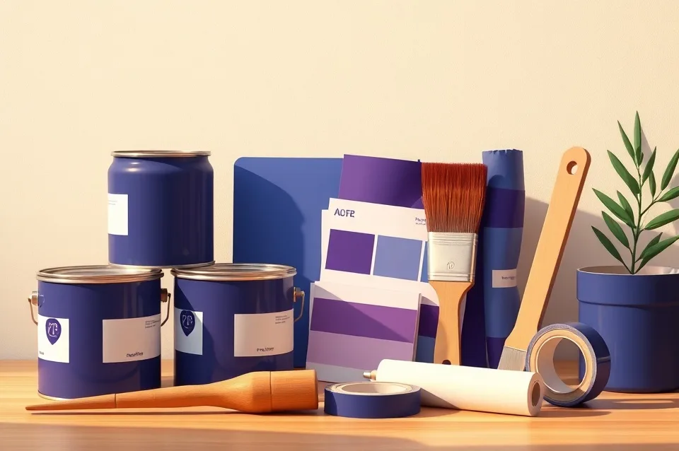 Pots de peinture, nuancier, brosses et rouleaux disposés à plat