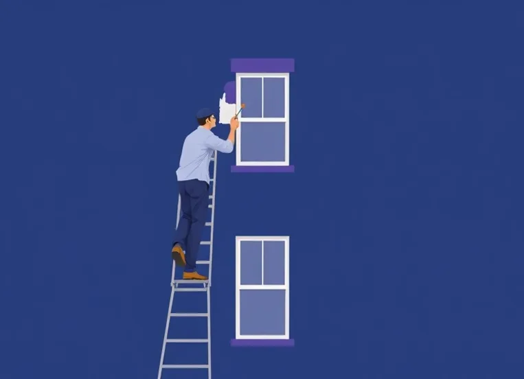 Peintre sur échafaudage traitant la façade d'une maison